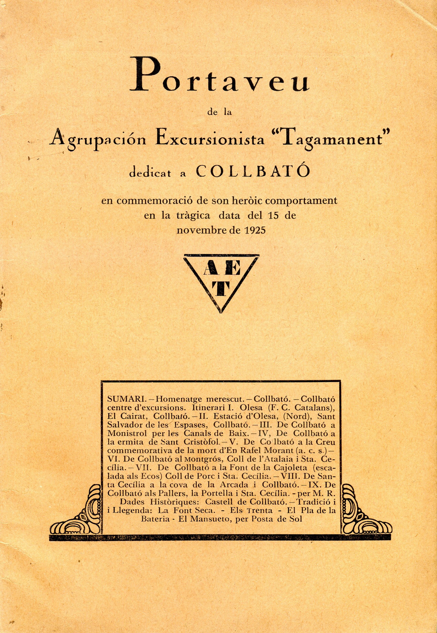 [Collbató : En commemoració de son heròic comportament en la tràgic data del 15 de novembre de 1925] - Portada